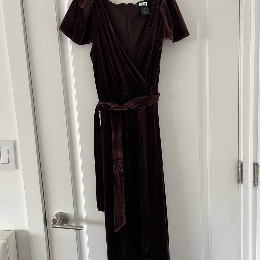 DKNY Velvet Wrap Midi Dress in Chocolate Brown